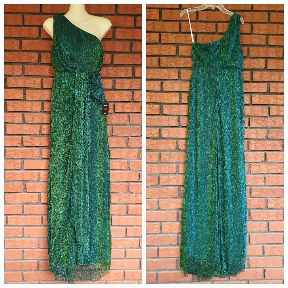 Lulus Glamorous Glitz Shiny Teal Green One Shoulder Maxi Dress Sz XS Metallic